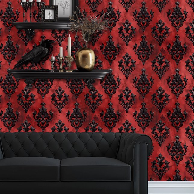ウィムシゴスレッド&ブラックヴィンテージスタイル 壁紙 (Whimsigoth Dark Red & Black Wallpaper behind a black couch and floating goth shelves.)