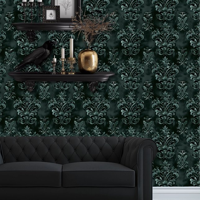 ウィムシゴト装飾エメラルドグリーン 壁紙 (Whimsigoth Green Damask wallpaper behind a black couch.)