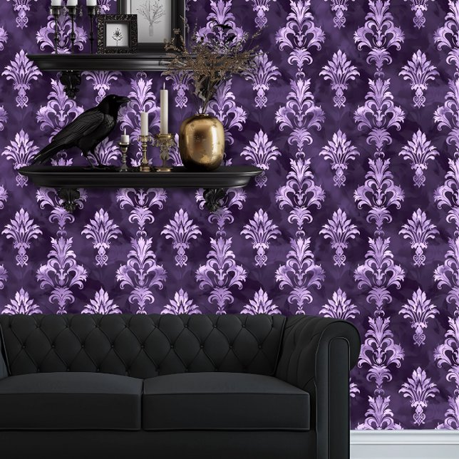 ウィムシゴートアンティークスタイルパープル 壁紙 (Whimsigoth Dark Purple with Light Purple wallpaper behind a black couch and goth floating shelves)