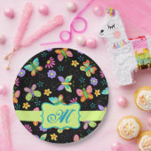 ウィムシモダンー蝶ブラックグリーンモノグラム ペーパープレート (パーティー)