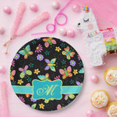 ウィムシモダンー蝶ブラックターコイズモノグラム ペーパープレート (パーティー)