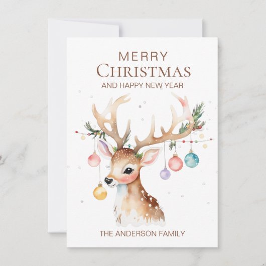ウィムシーな水の色クリスマス装飾トナカイのフラット シーズンカード (正面)