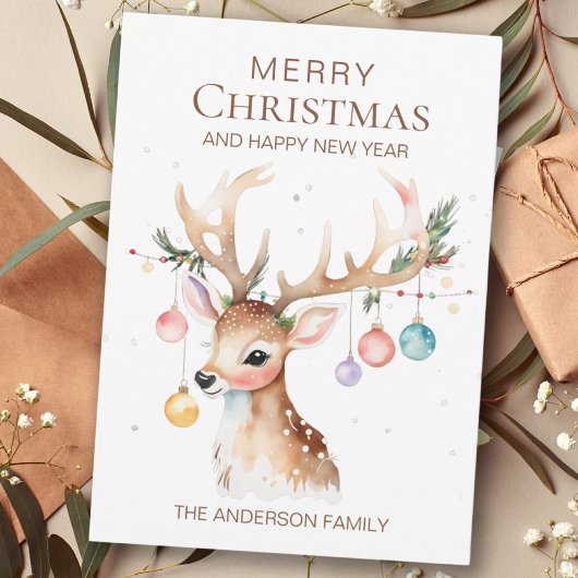 ウィムシーな水の色クリスマス装飾トナカイのフラット シーズンカード