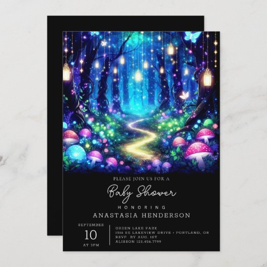 ウィムシーエレガントエンチャント森の赤ちゃんシャワー 招待状 (正面/裏面)