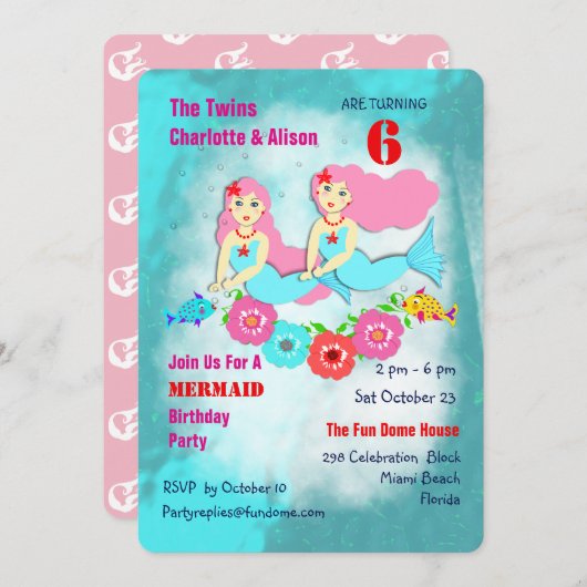 ウィムシーマーメイドツインガールズバースデーパーティー招待状 招待状 (正面/裏面)