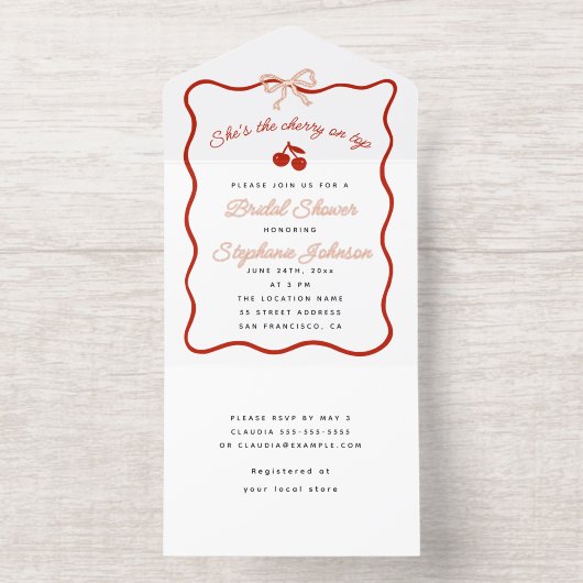 ウィムシーレッド彼女はトップさくらんぼのブライダルシャワー オールインワン招待状 (内側)