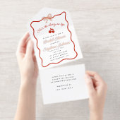 ウィムシーレッド彼女はトップさくらんぼのブライダルシャワー オールインワン招待状 (切り取り部)