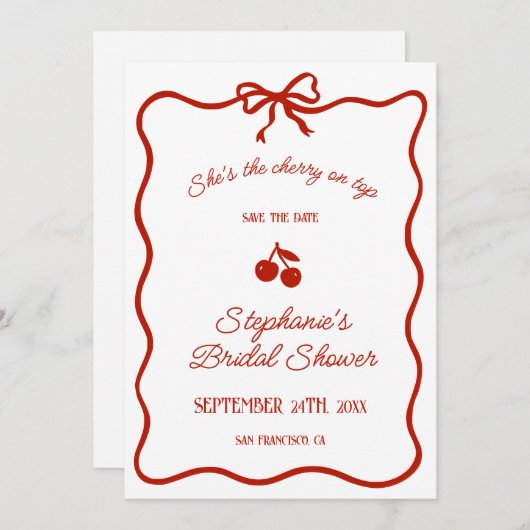 ウィムシーレッド彼女はトップさくらんぼのブライダルシャワー セーブザデート (正面/裏面)