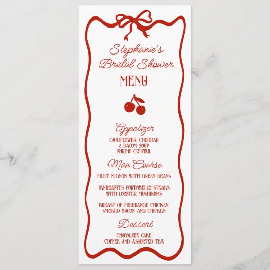 ウィムシーレッド彼女はトップさくらんぼのブライダルシャワー メニュー (正面)