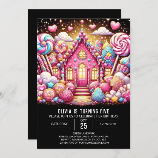 ウィムシー威厳のあるキャンディランドデジタル誕生日 招待状 (正面/裏面)