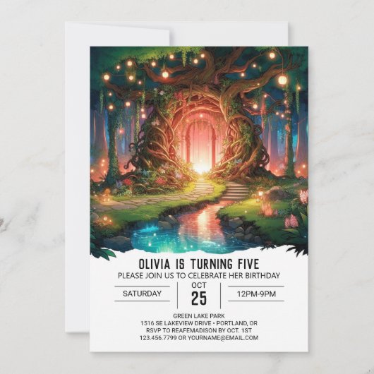ウィムシー愛らしいウッドランドデジタル誕生日 招待状 (正面)