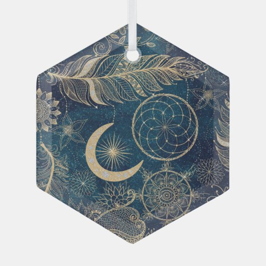 ウィムシー金ゴールドグリッタードリームキャッチャー羽毛曼荼羅 ガラスオーナメント (正面)