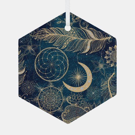 ウィムシー金ゴールドグリッタードリームキャッチャー羽毛曼荼羅 ガラスオーナメント (裏面)