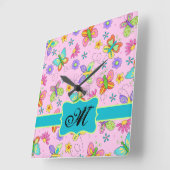 ウィムシ魅力的ー蝶ピンクモノグラム スクエア壁時計 (傾斜)
