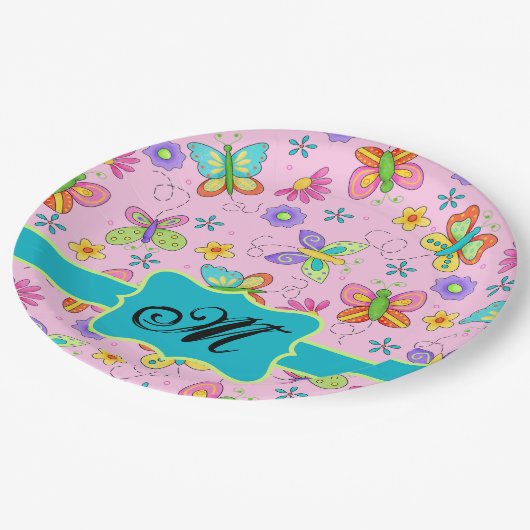 ウィムシ魅力的ー蝶ピンクモノグラム ペーパープレート (アングル)