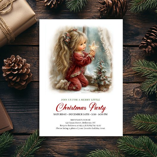 ウィムジカルな冬の情景の女の子のお祭りパーティー招待状 招待状