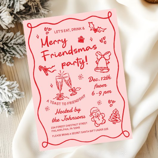 ウィムジカルな手描きフレンドスマスクリスマスパーティー 招待状