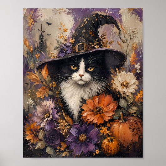 ウィムジーゴシック黒猫魔女の帽子秋の花 ポスター (正面)