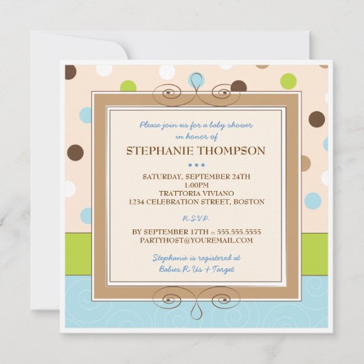 ウィムジーボーイブルー水玉模様ベビーシャワー招待状 招待状 (正面)