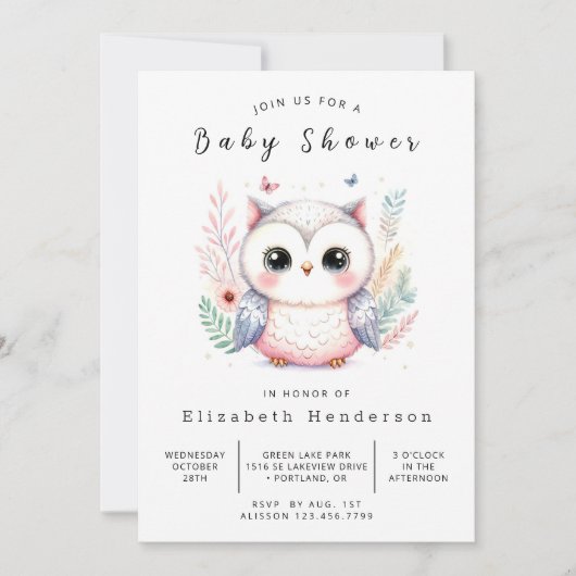 ウィムジー編集可能フクロウ赤ちゃんシャワー 招待状 (正面)