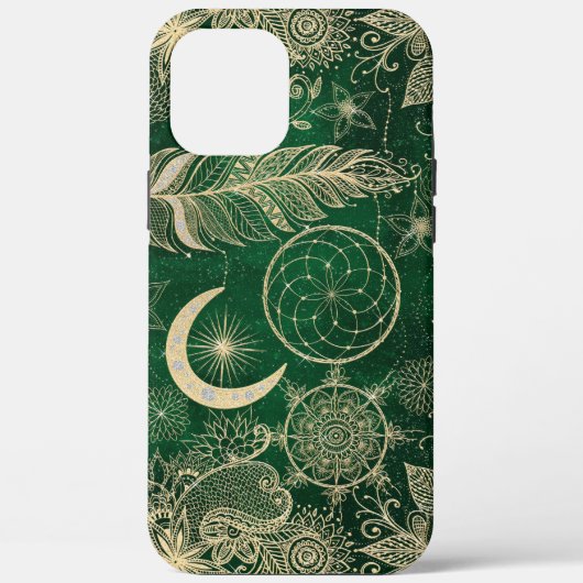 ウィムジー金ゴールド&グリーンドリームキャッチャーフェザーズ曼荼羅 Case-Mate iPhoneケース (裏面)