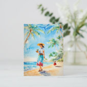 ウィメンオンハワイビーチウォーター絵を描カラー、ヴィンテージ ポストカード (スタンド正面)