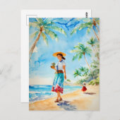 ウィメンオンハワイビーチウォーター絵を描カラー、ヴィンテージ ポストカード (正面/裏面)