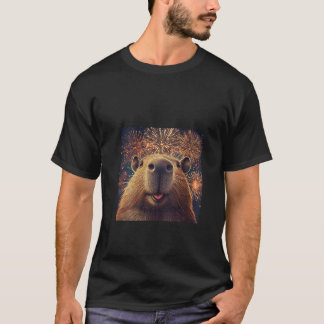 ウィメンズおもしろいキャピバラ自撮り花火Vネック Tシャツ