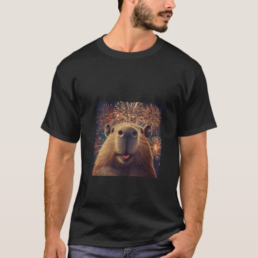 ウィメンズおもしろいキャピバラ自撮り花火Vネック Tシャツ (正面)