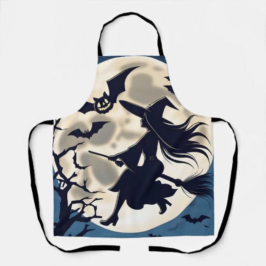 ウィメンズキッチンエプロン、ハロウィンフルムーンウィッチ エプロン (正面)
