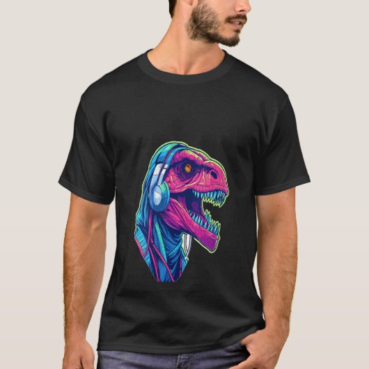 ウィメンズサイバーパンク恐竜Dj音楽愛好家EDM Rave Tシャツ (正面)
