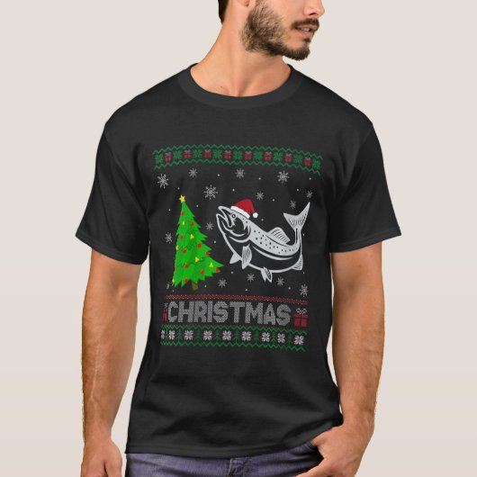 ウィメンズサーモンクリスマスツリー照明醜いクリスマスソフトウェア Tシャツ (正面)