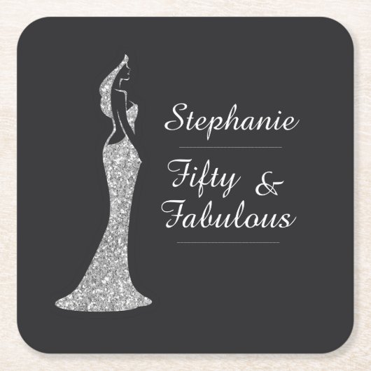 ウィメンズシルバーカクテルモダンドレス誕生日 スクエアペーパーコースター (正面)