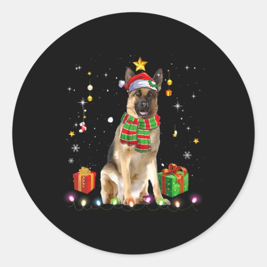 ウィメンズドイツ羊飼い犬の木クリスマスセーター ラウンドシール (正面)