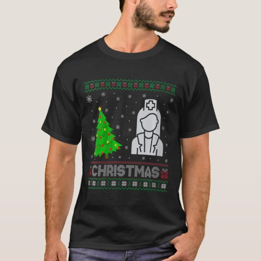 ウィメンズニクナースクリスマスツリー照明醜いクリスマ Tシャツ (正面)