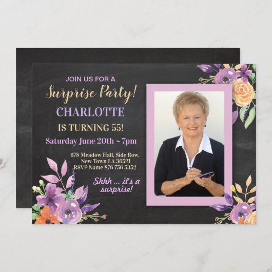 ウィメンズバースデーパーティーフォトフラワーチョーク招待状 招待状 (正面/裏面)