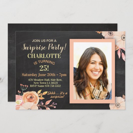 ウィメンズバースデーパーティー写真フラワーズピーチ招待状 招待状 (正面/裏面)