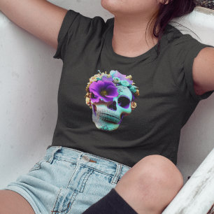 ウィメンズパープルフラワーアイソケットキャンディスカル Tシャツ
