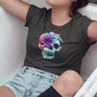 ウィメンズパープルフラワーアイソケットキャンディスカル Tシャツ