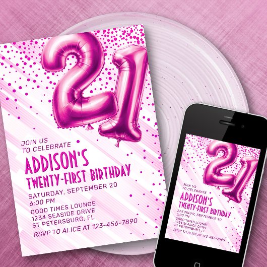 ウィメンズピンク21歳の誕生日招待状 招待状
