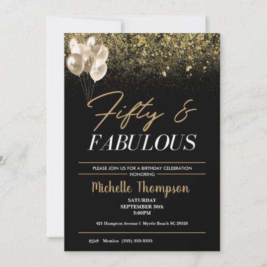 ウィメンズフィフティファブラス金ゴールド誕生日 招待状 (正面)