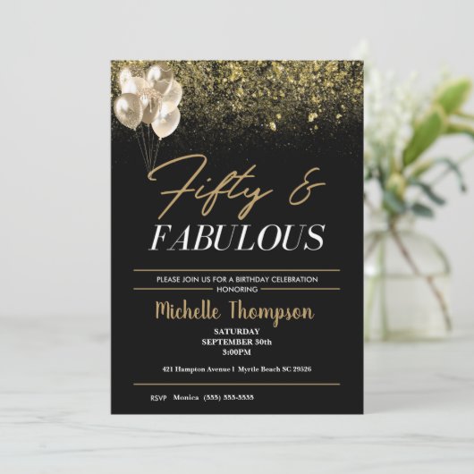 ウィメンズフィフティファブラス金ゴールド誕生日 招待状 (スタンド正面)