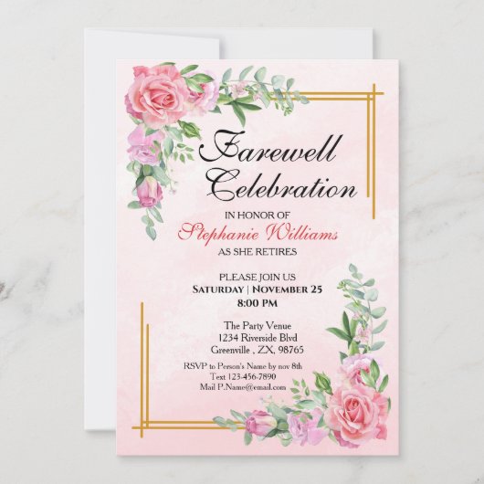 ウィメンズフェアウェルズパーティークラシックフローラエレガント 招待状 (正面)