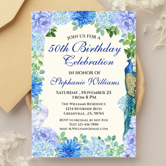 ウィメンズブルー縁どフローラ50歳誕生日パーティー 招待状