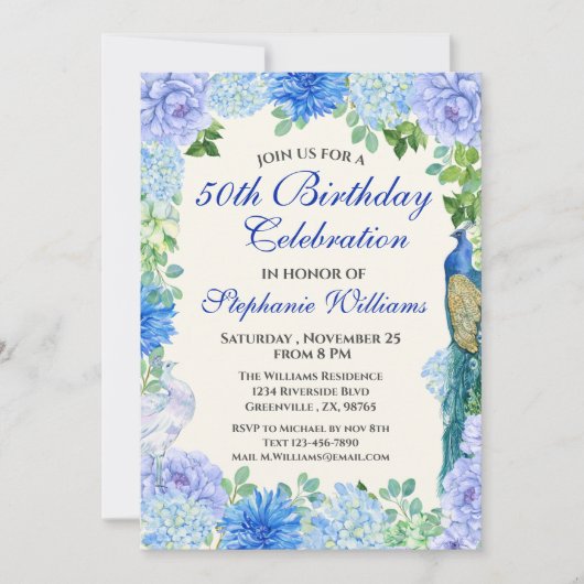 ウィメンズブルー縁どフローラ50歳誕生日パーティー 招待状 (正面)