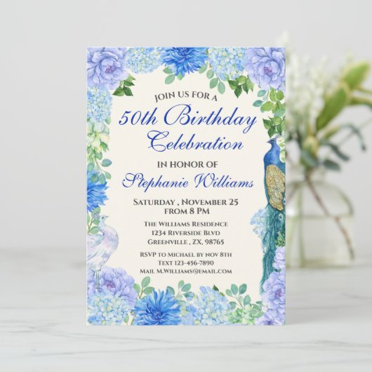 ウィメンズブルー縁どフローラ50歳誕生日パーティー 招待状 (スタンド正面)