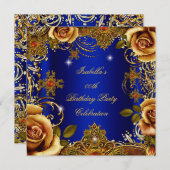 ウィメンズブルー金ゴールドクリームバラエリートバースデーパーティー 招待状 (正面/裏面)