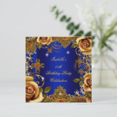 ウィメンズブルー金ゴールドクリームバラエリートバースデーパーティー 招待状 (スタンド正面)