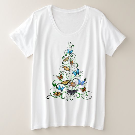 ウィメンズプラスティバタフライクリスマスツリー プラスサイズTシャツ (デザイン正面)