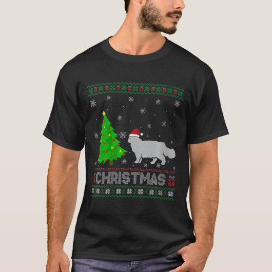 ウィメンズペルシャ猫クリスマスツリー照明醜いクリスマス Tシャツ (正面)